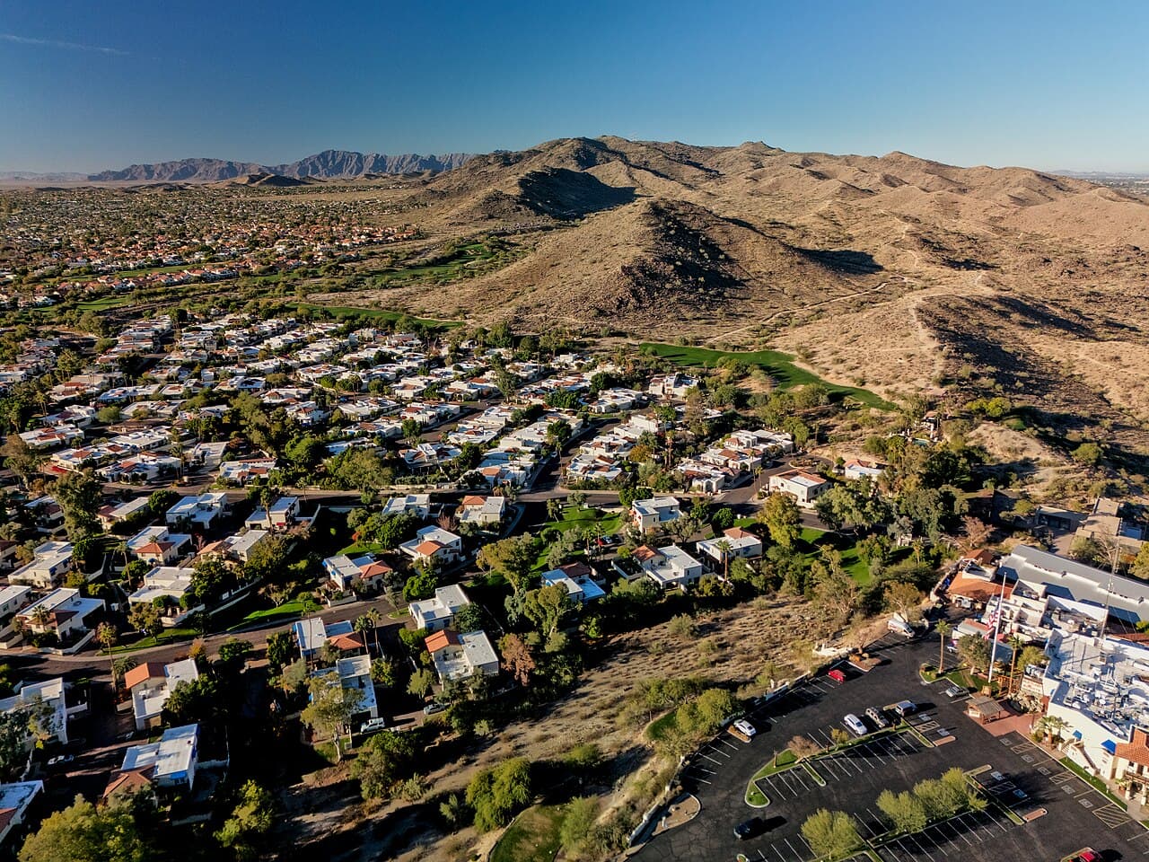 Aerial view of Ahwatukee neighborhoods and South Mountain in Phoenix, Arizona